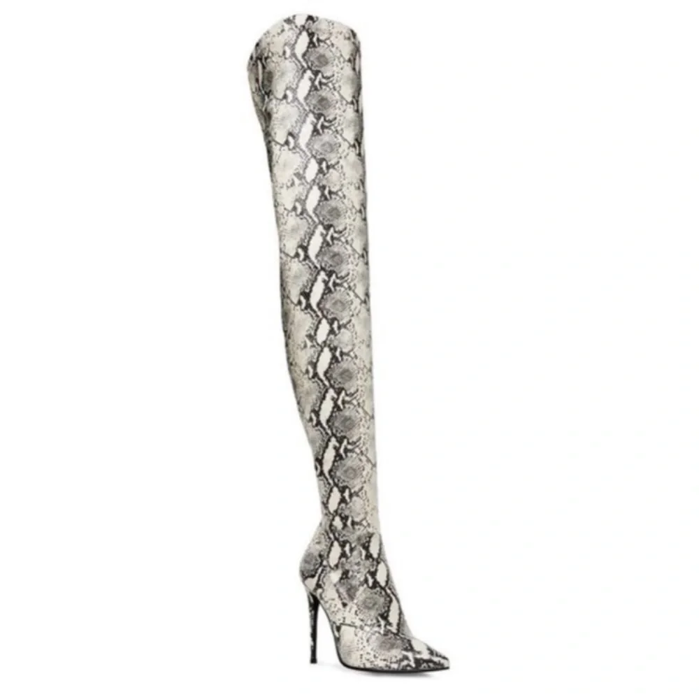 Steve Madden Snake Print Over-the-Knee Stiletto Boots in Grey and Cream